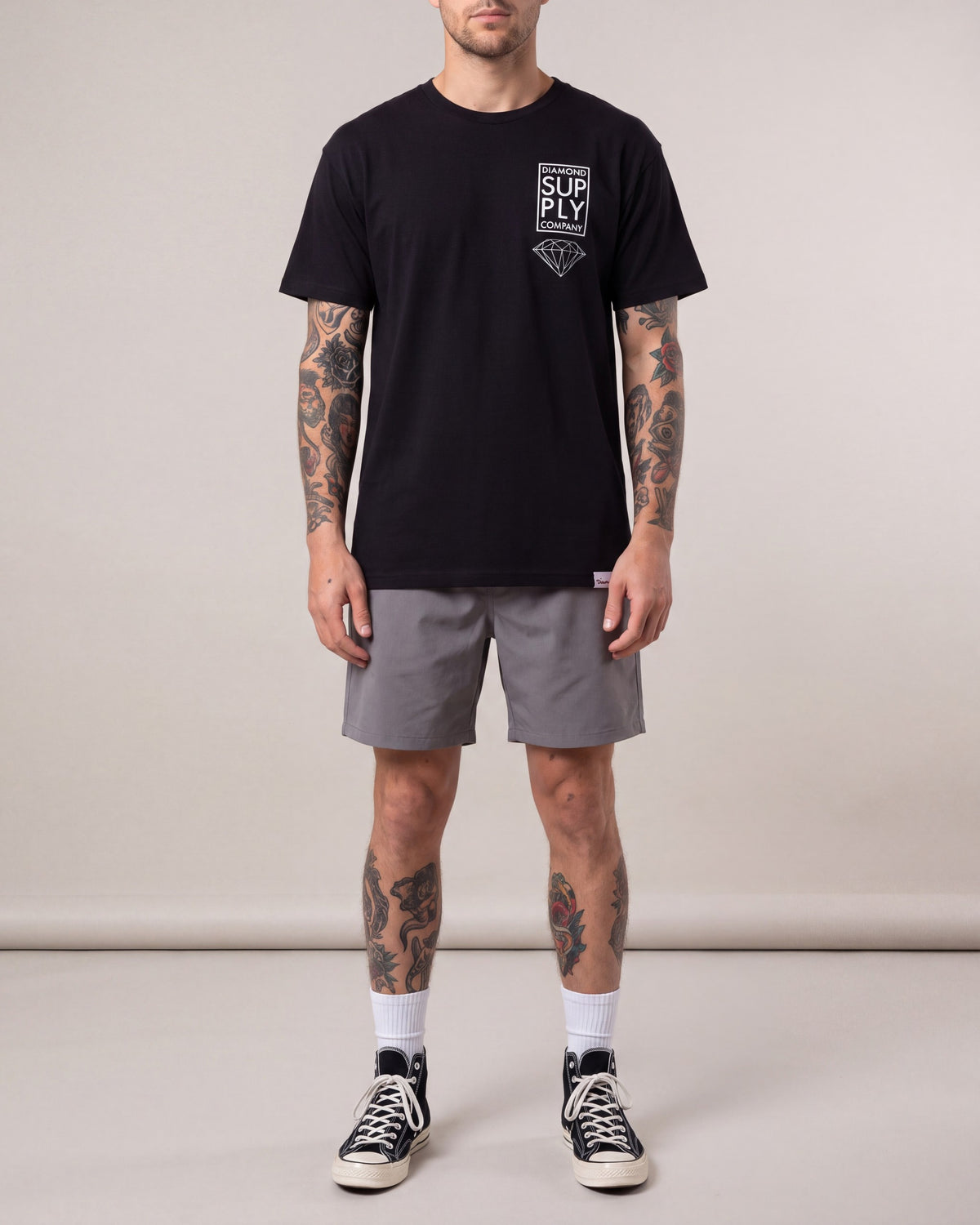 Diamond Supply Stacked SS tees — Black — model front