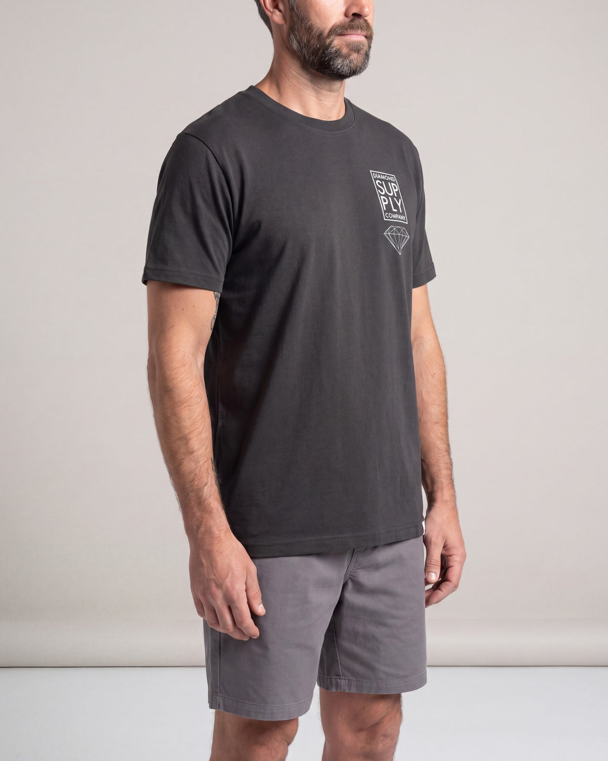 Diamond Supply Stacked SS tees — Charcoal — model side