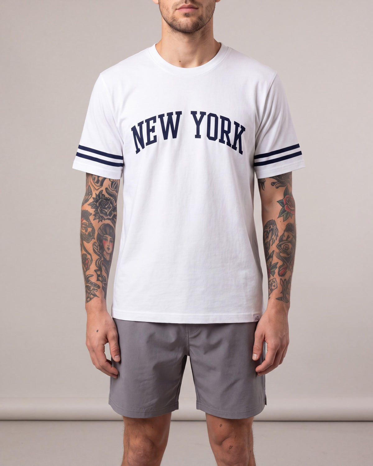 O15 NY Sleeve Stripe SS tees — White/Navy — model front