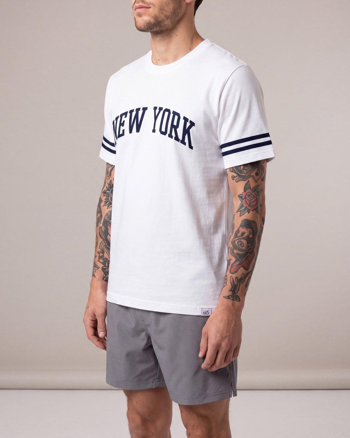 O15 NY Sleeve Stripe SS tees — White/Navy — model side