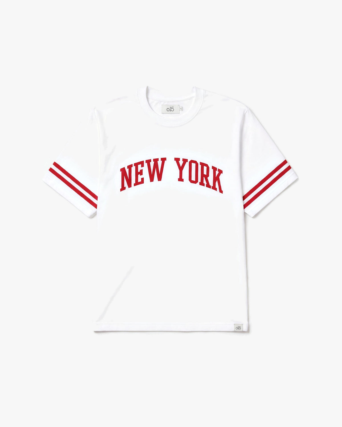 O15 NY Sleeve Stripe SS tees — White/Red — product front