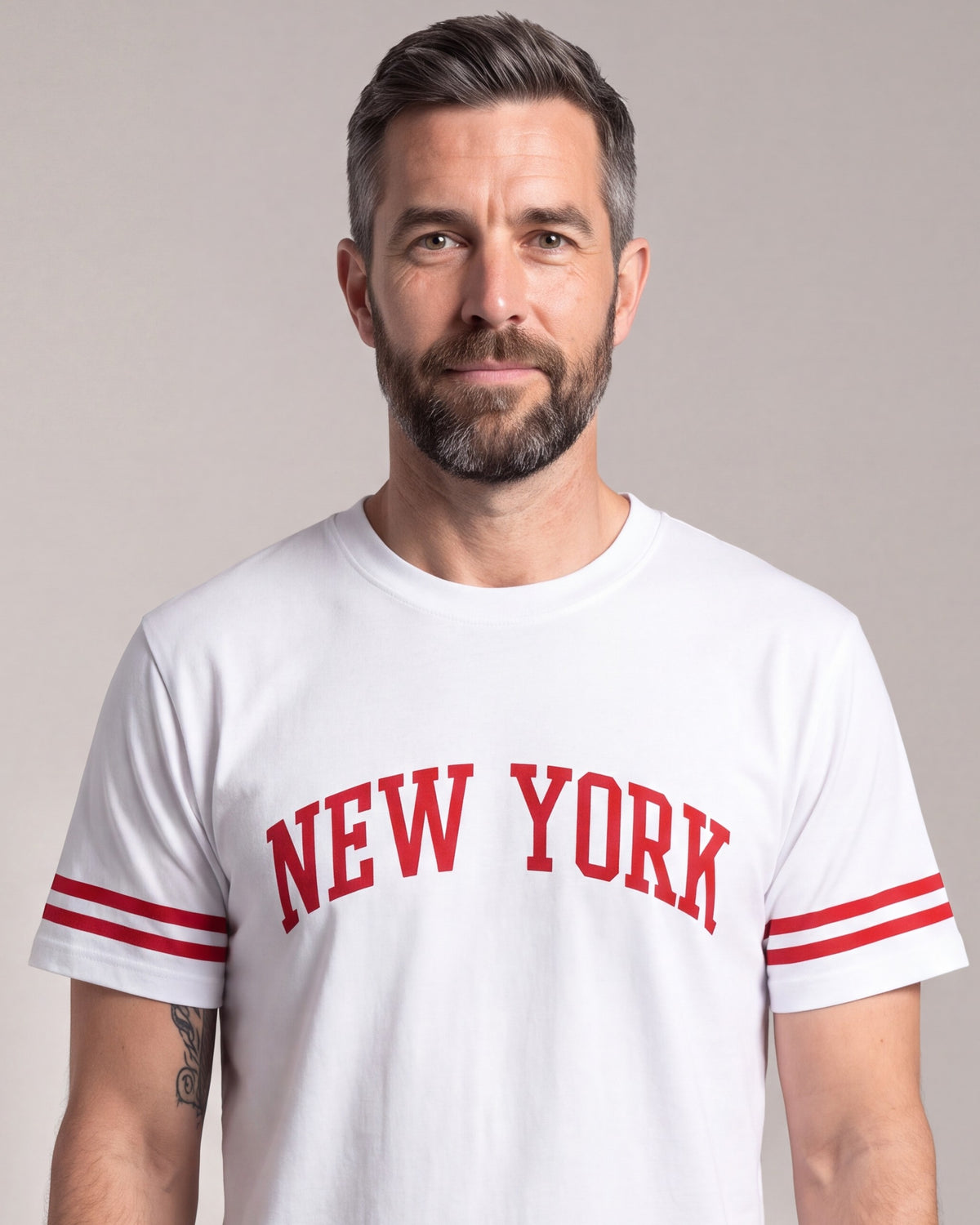 O15 NY Sleeve Stripe SS tees — White/Red — model detail