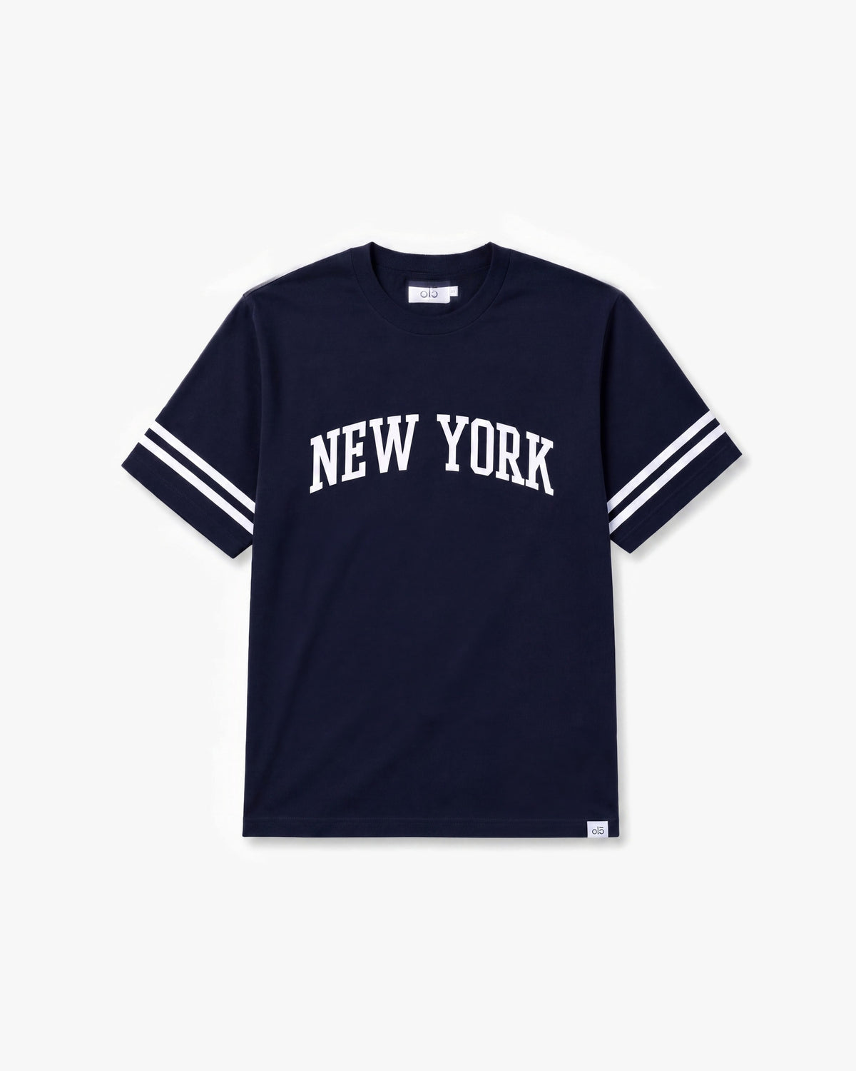 O15 NY Sleeve Stripe SS tees — Navy/White — product front
