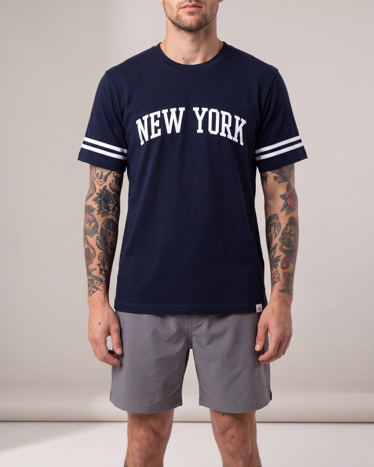 O15 NY Sleeve Stripe SS tees — Navy/White — model front