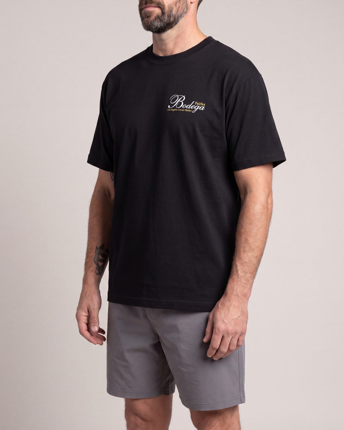 O15 Bodega SS tees — Black — model side