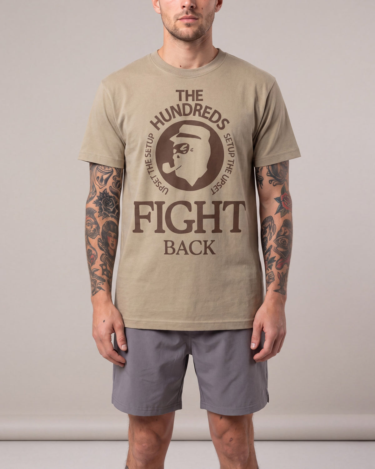 The Hundreds Jefe SS tees — Tan — model front