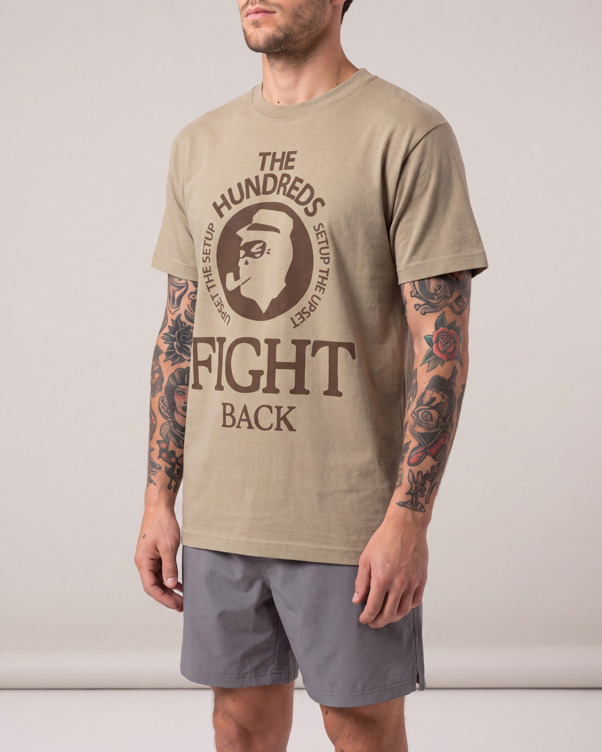 The Hundreds Jefe SS tees — Tan — model side