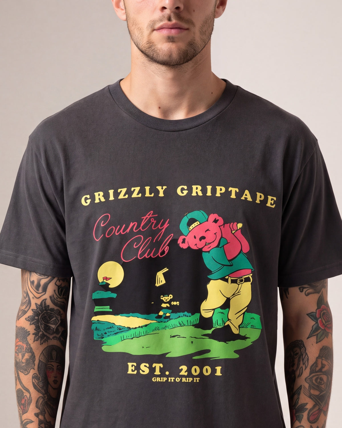 Grizzly Back Nine SS tees — Charcoal — model detail