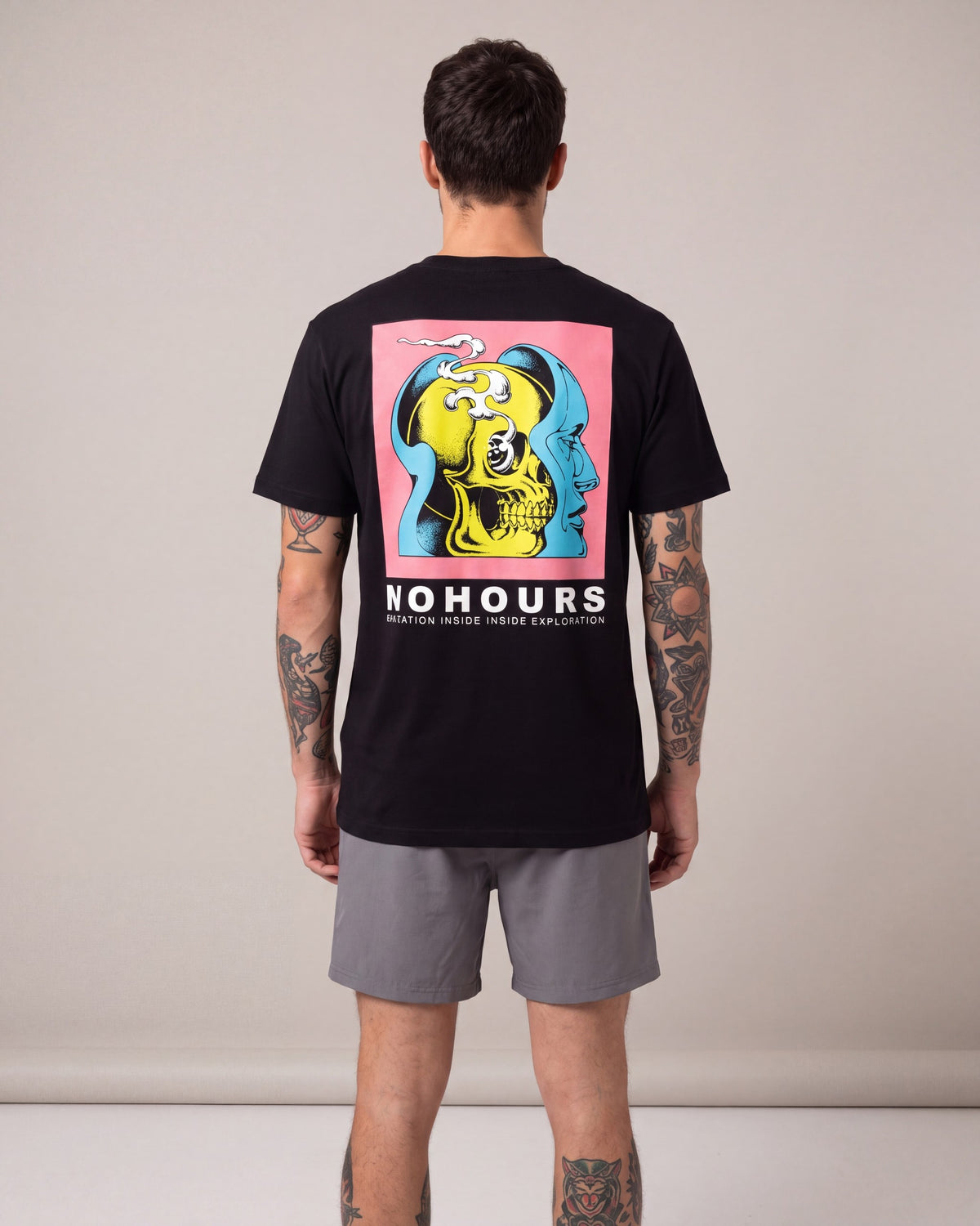 No Hours Inside Mind SS tees — Black — model back