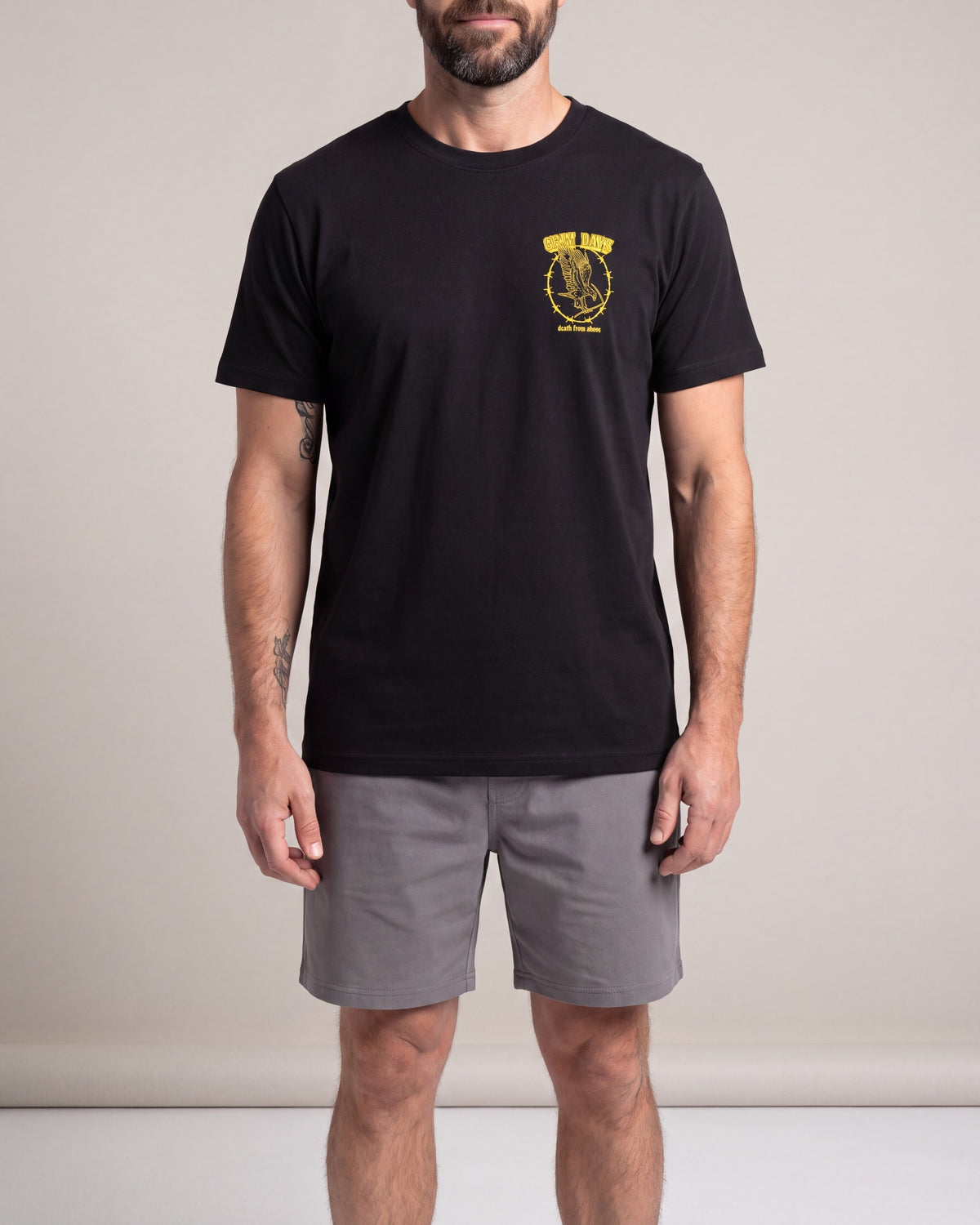 Grim Days From Above SS tees — Black — model front