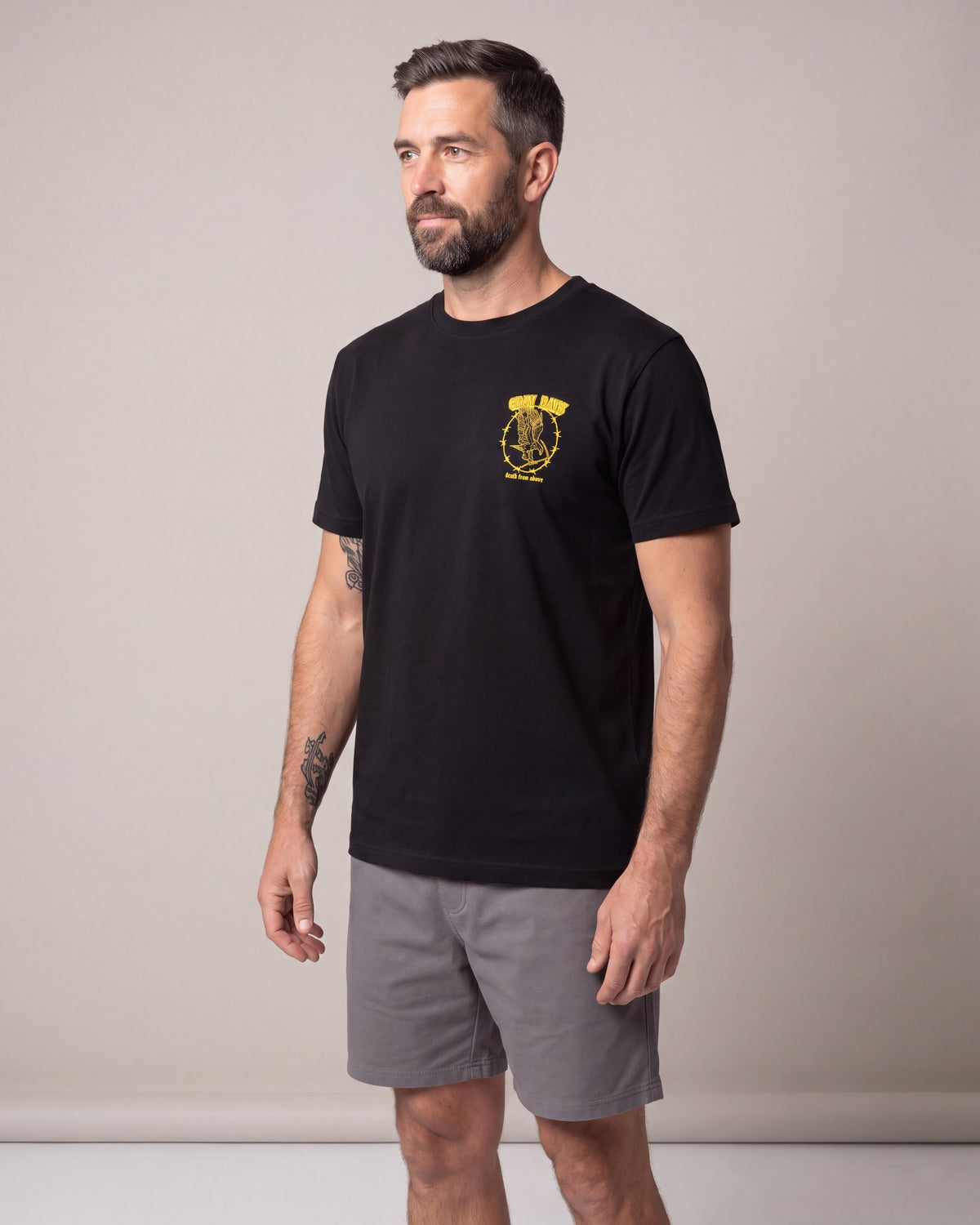 Grim Days From Above SS tees — Black — model side