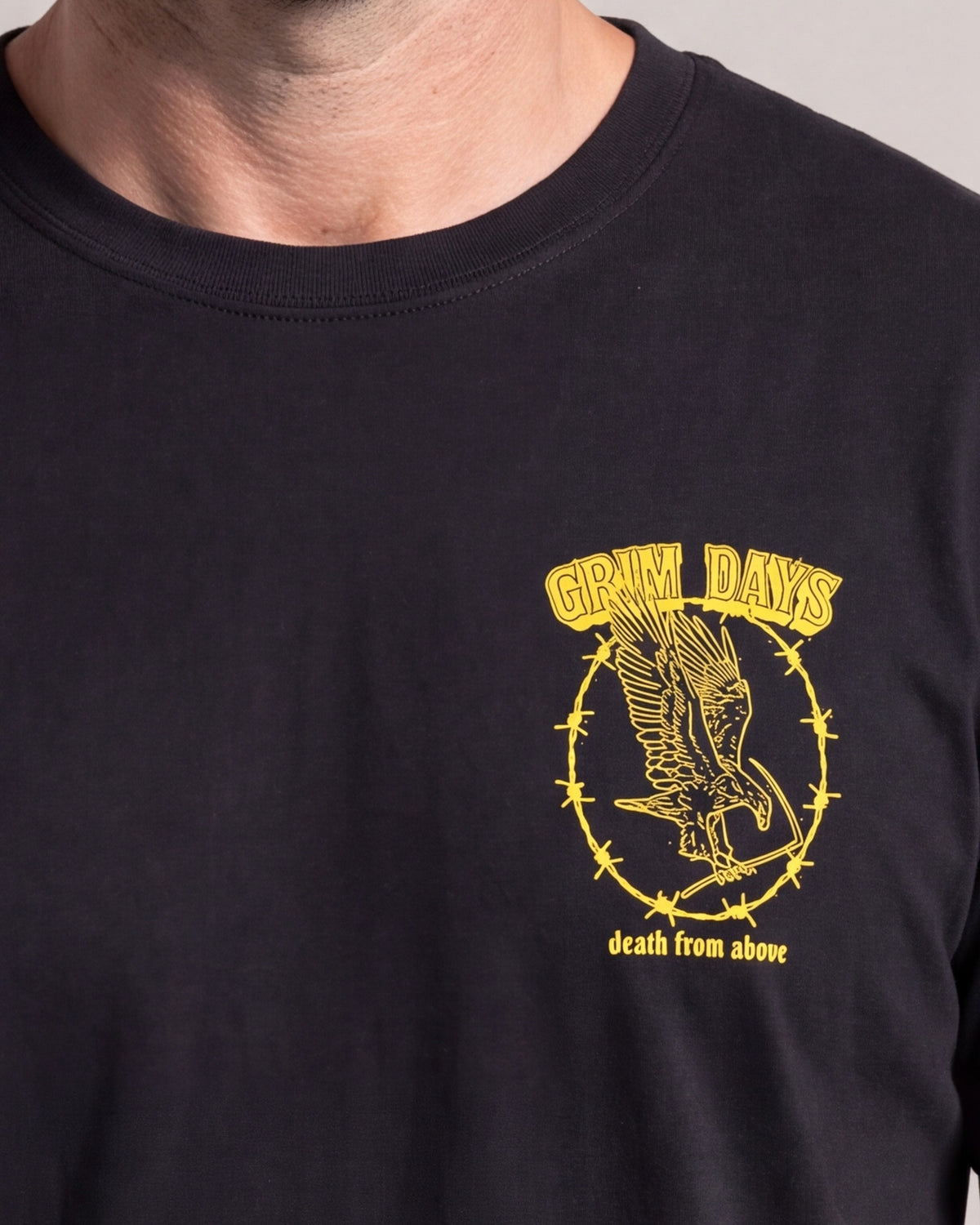 Grim Days From Above SS tees — Black — model detail