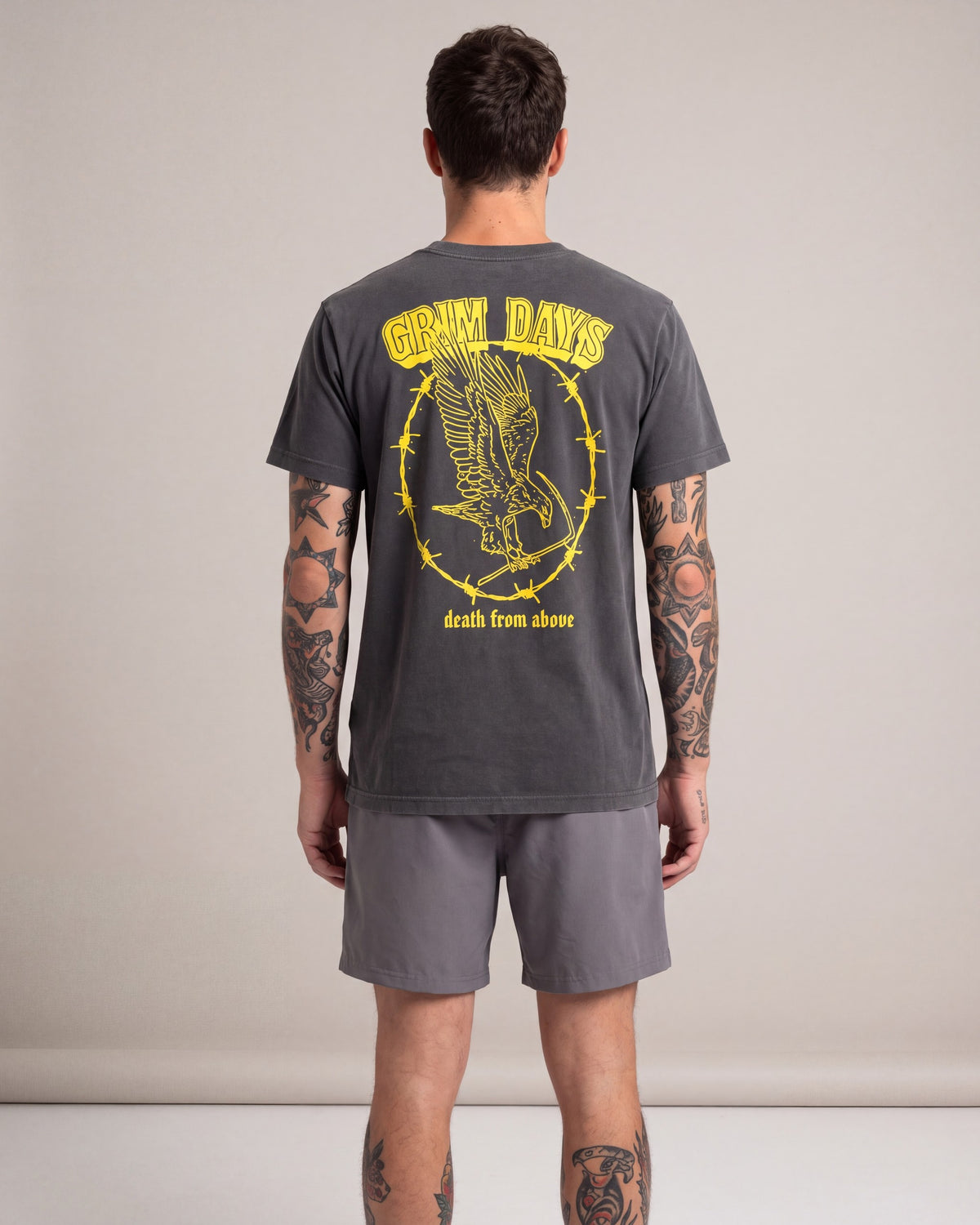 Grim Days From Above SS tees — Charcoal — model back
