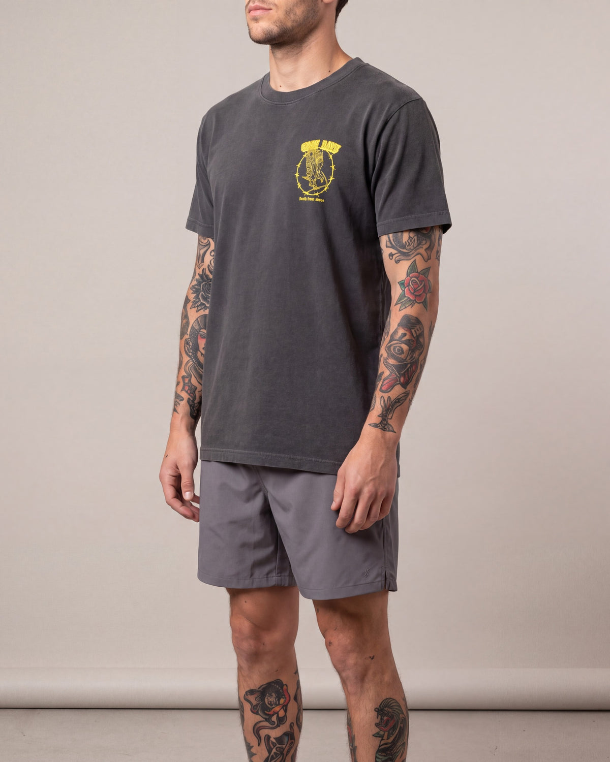 Grim Days From Above SS tees — Charcoal — model side