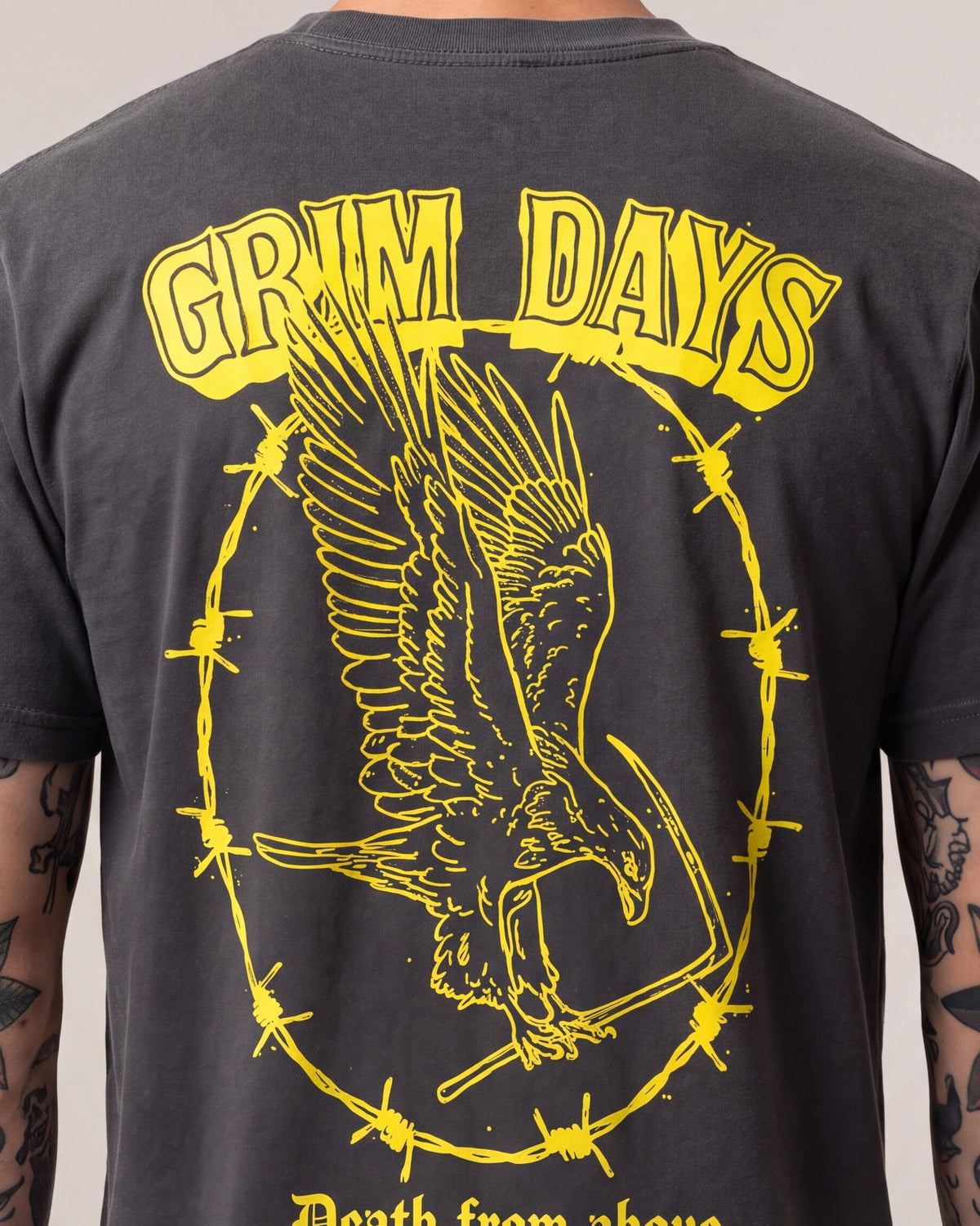 Grim Days From Above SS tees — Charcoal — model detail