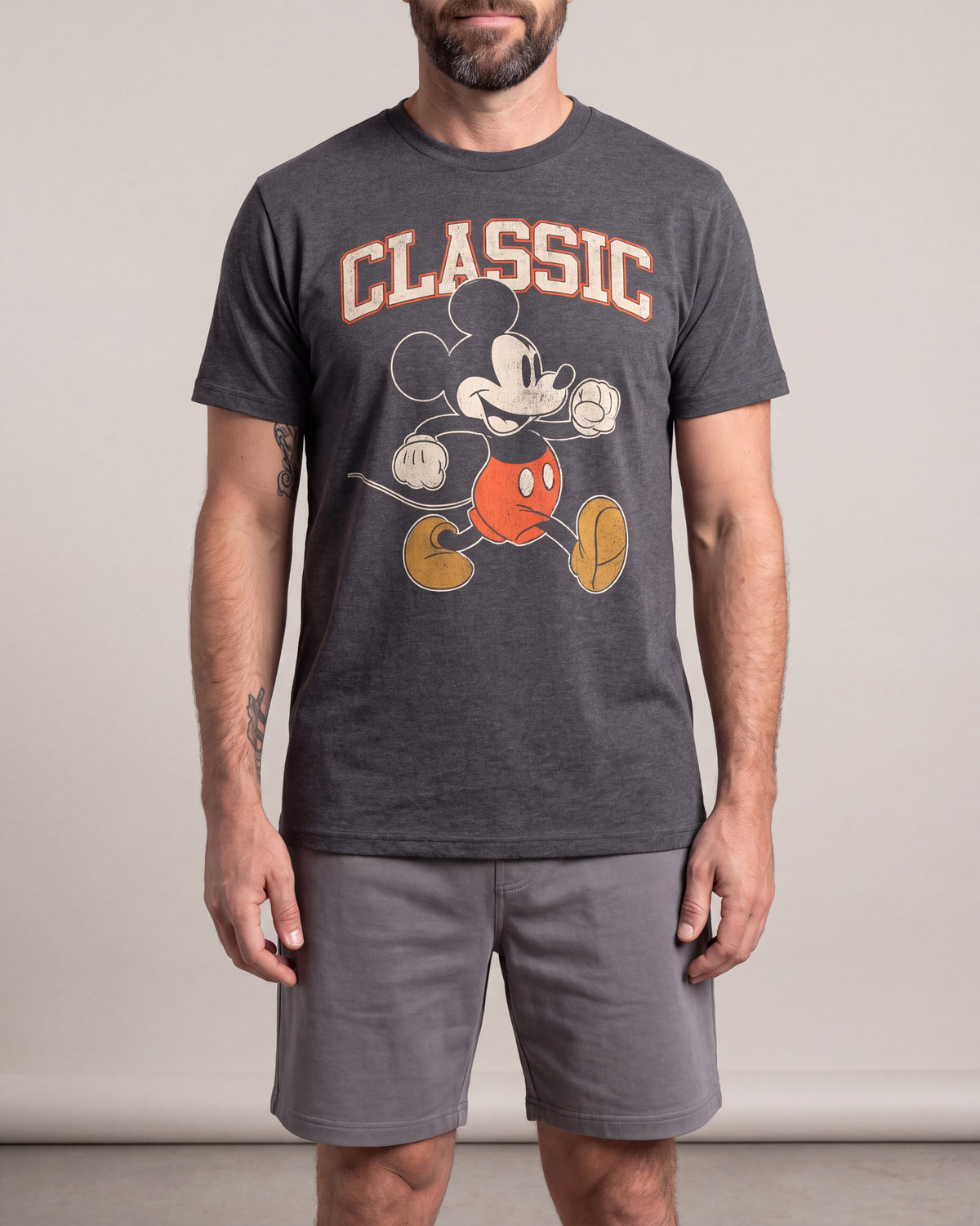 Licensed Mickey Strut SS tees — Charcoal — model front