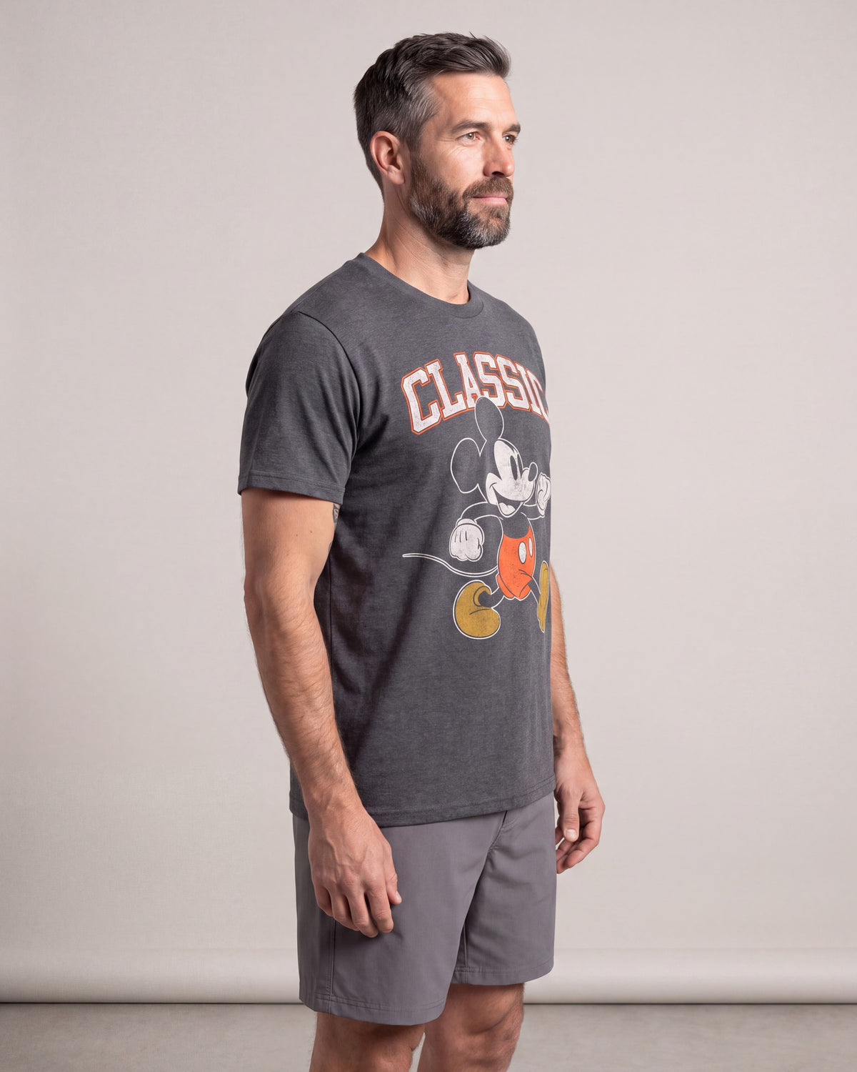 Licensed Mickey Strut SS tees — Charcoal — model side