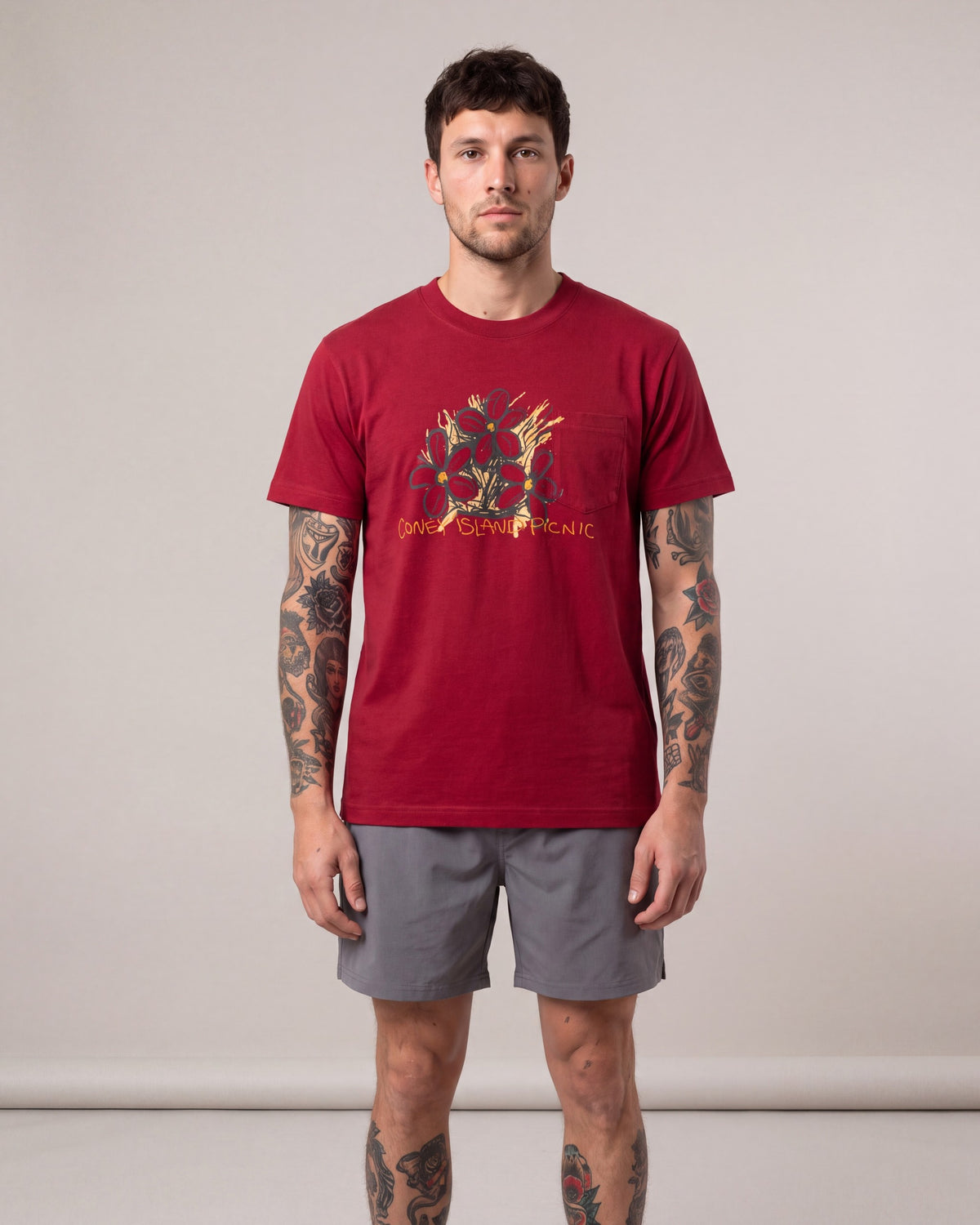 Coney Island Picnic 3 Flowers Pocket SS tees — Burgundy — model front