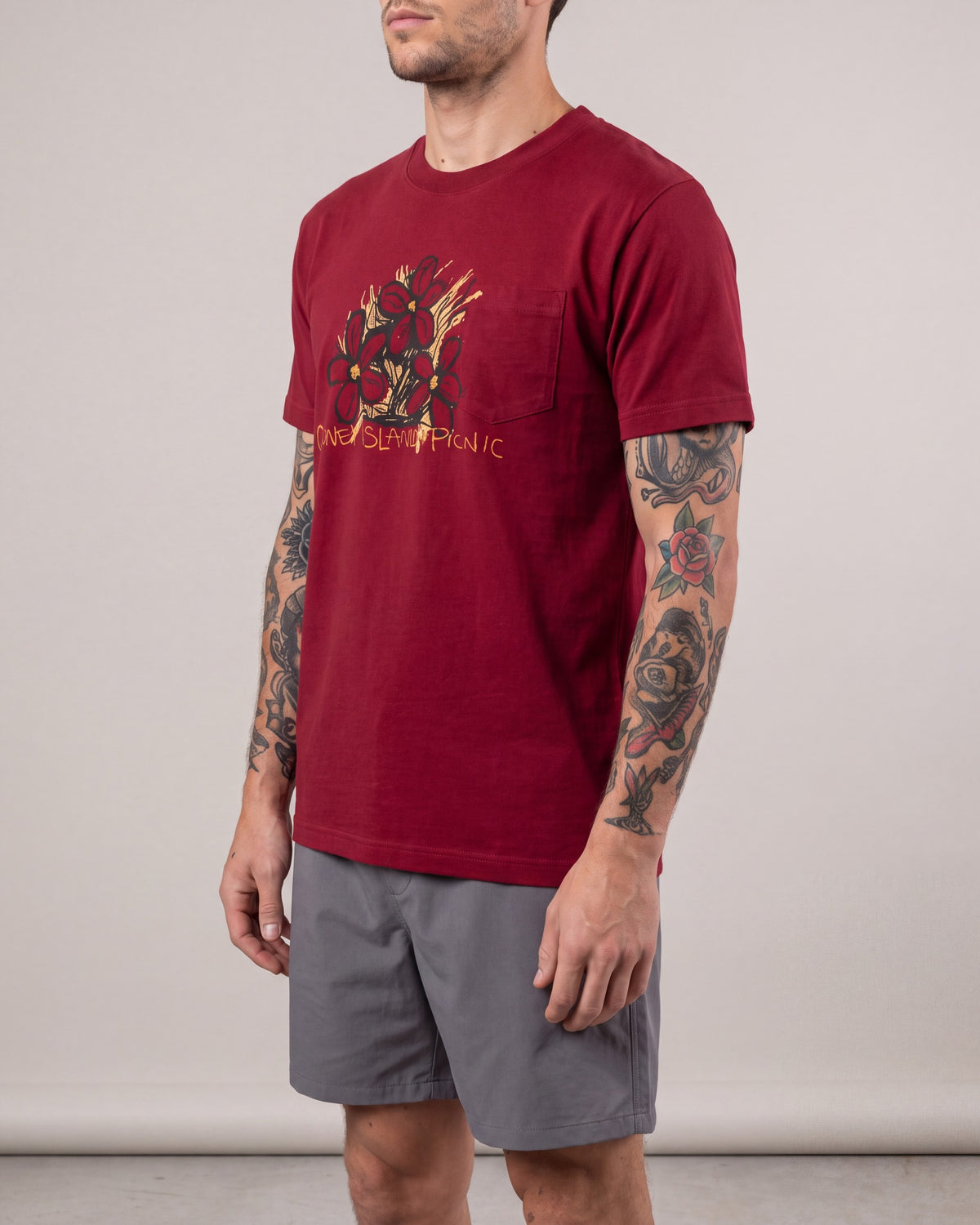 Coney Island Picnic 3 Flowers Pocket SS tees — Burgundy — model side