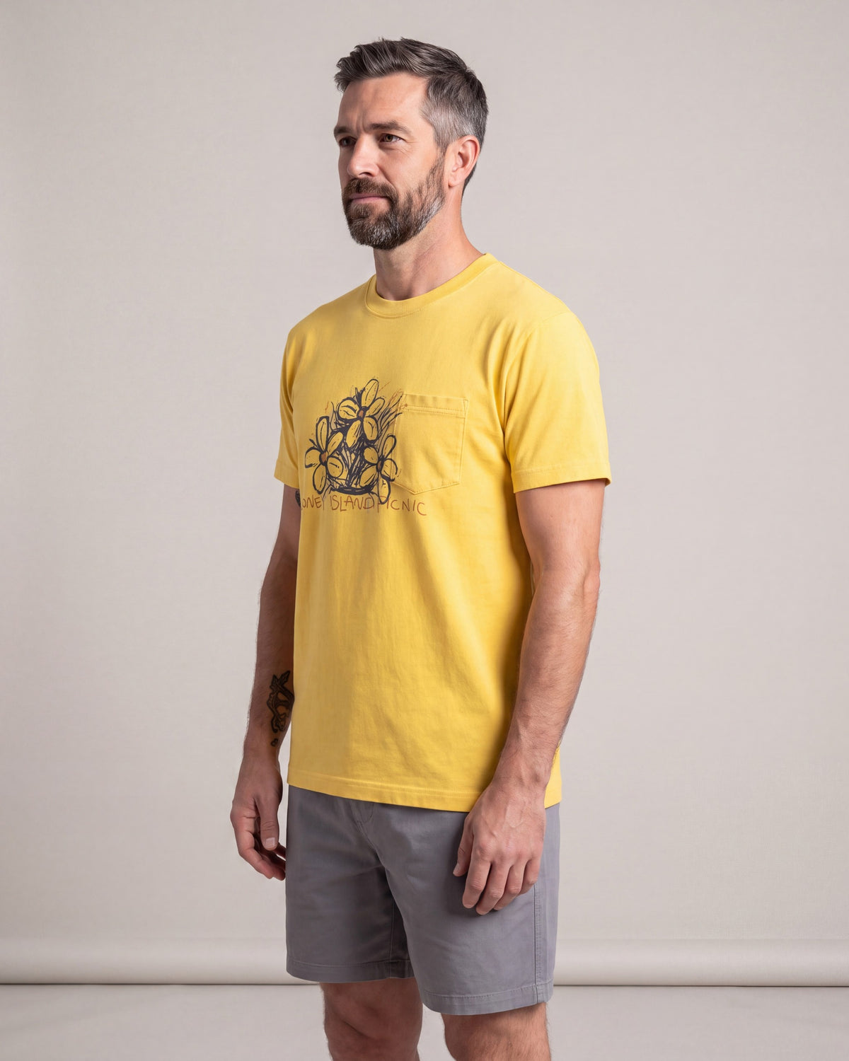 Coney Island Picnic 3 Flowers Pocket SS tees — Yellow — model side