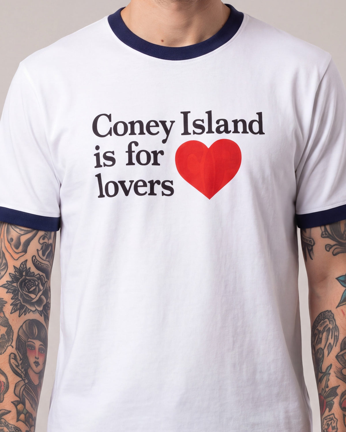 Coney Island Picnic Lovers Ringer SS tees — White/Navy — model detail