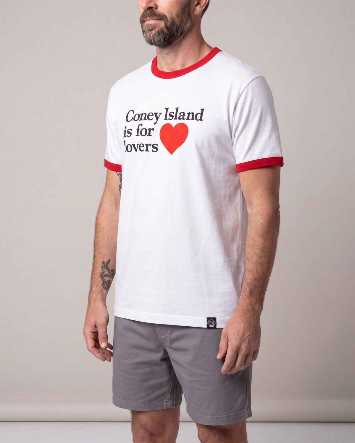 Coney Island Picnic Lovers Ringer SS tees — White/Red — model side