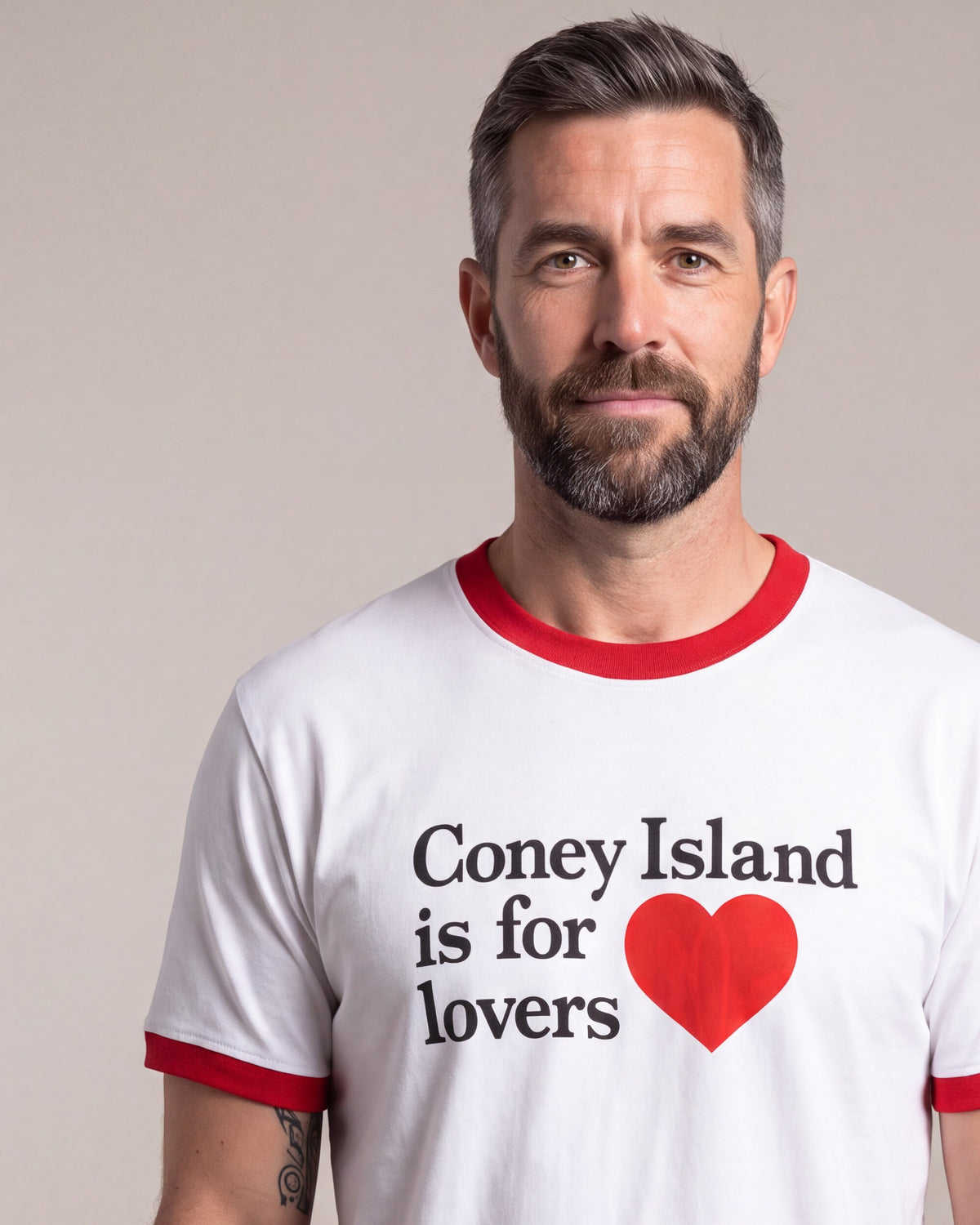 Coney Island Picnic Lovers Ringer SS tees — White/Red — model detail